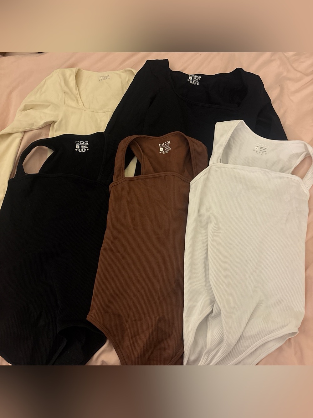 OQQ Bundle 5 Women's Ribbed Square-Neck Bodysuit - Black, White, Brown, Cream